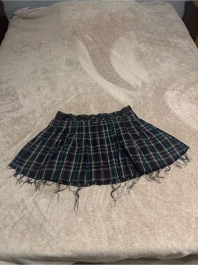 Current Mood Navy and Green Plaid Fringe Mini Skirt